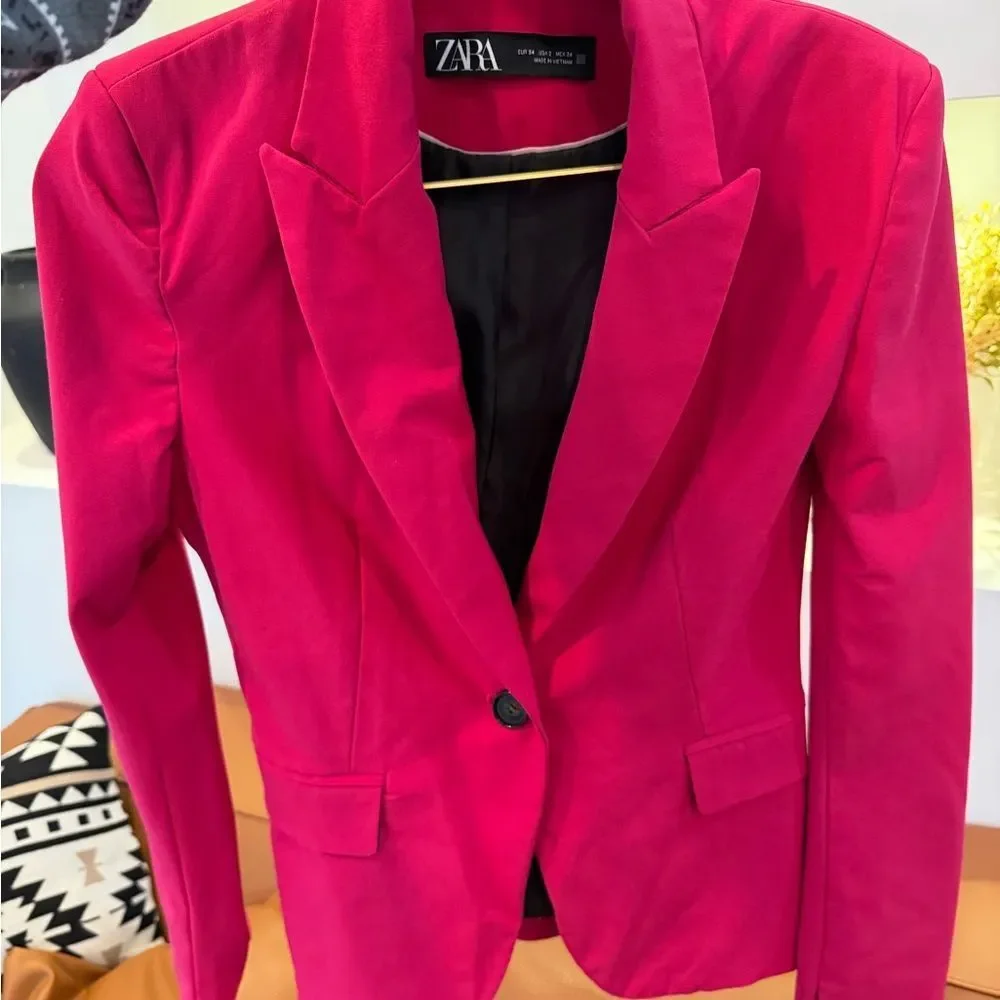 ZARA Hot Pink Fitted Blazer Tailored One-Button Chic Jacket Size XS/US 2 - Picture 5 of 5